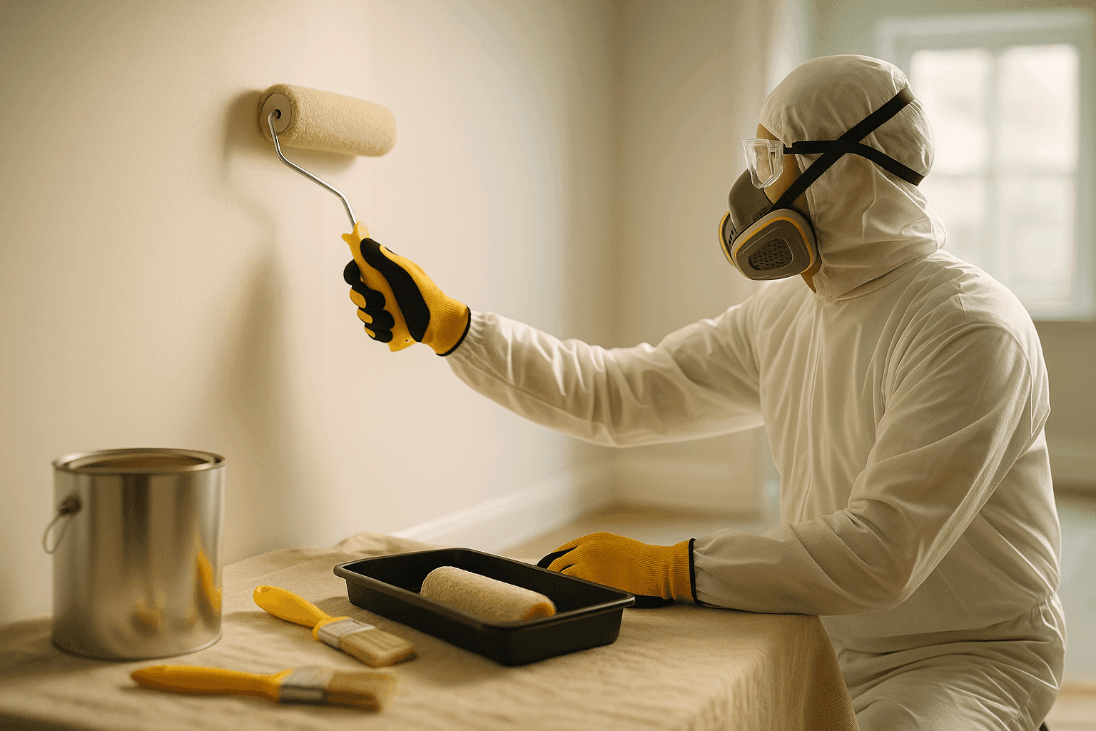 Professional painter wearing PPE rolling paint on a clean interior wall in a well-lit room