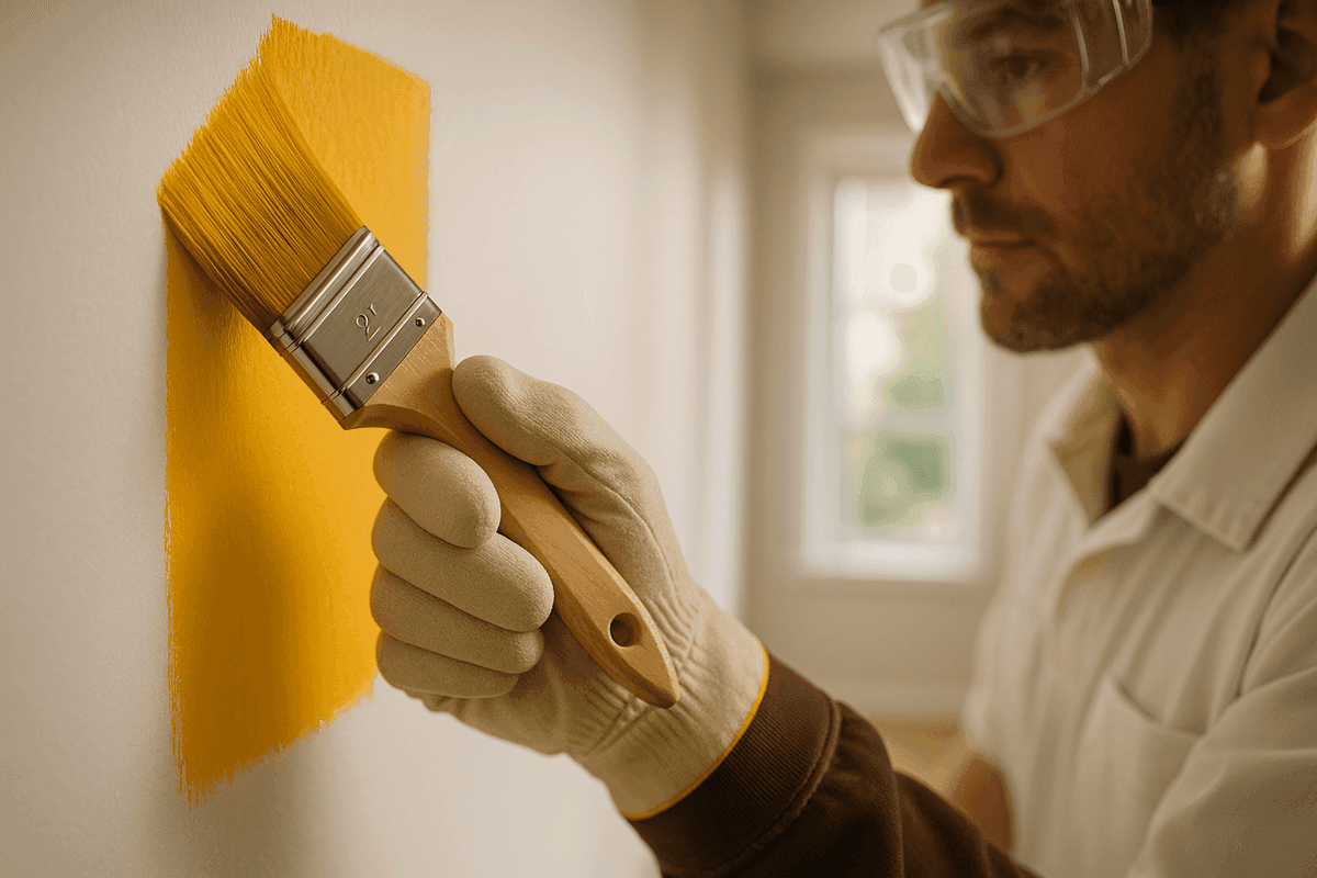 Close-up of painter’s gloved hands applying smooth yellow paint with angled brush indoors